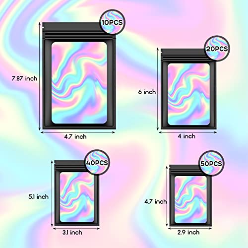 AMCEMIC 120 PCS Smell Proof Mylar Bags Resealable Holographic Packaging Pouch with Clear Window for Food Eyelash Jewelry Candy Electronics Storage 4 Sizes Black BLACK - Image 5