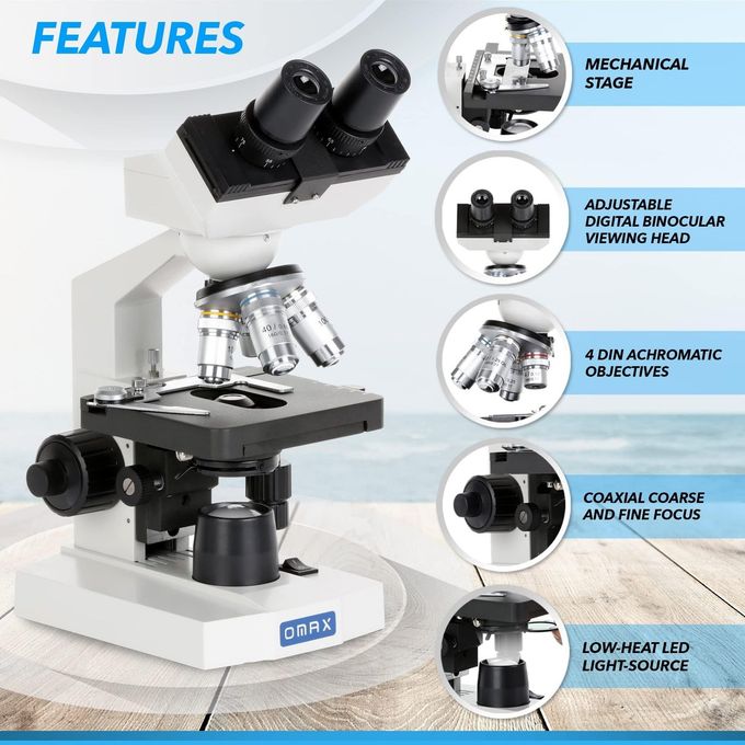OMAX M82E Series Led Binocular Compound Lab Microscope 40X-2000X Magnification Microscope Kit With 100 Blank Slides & Cover Slips - Image 2