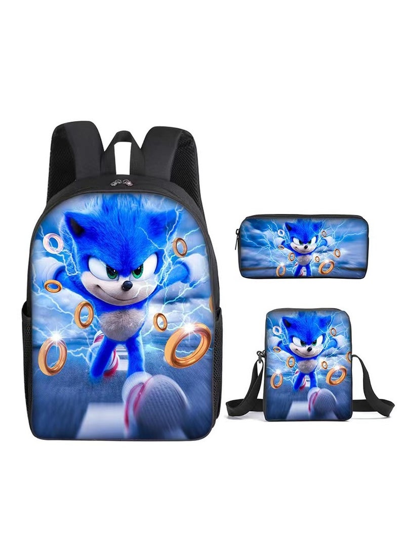 Sonic student large capacity backpack three piece set, anime cartoon backpack, shoulder bag pen bag