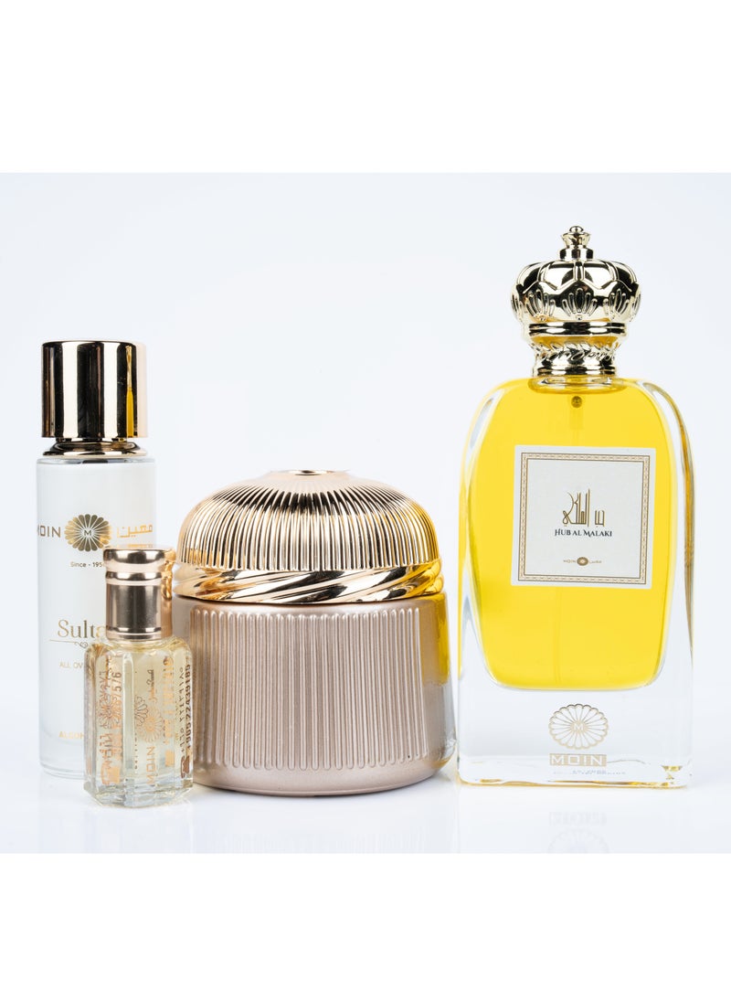 Moin Hub Al Maliki Perfume Gift Set - Oud Bakhoor 100g, Musk Oil 12ml, Non-Alcoholic Perfume 30ml & 100ml Perfume - Arabic Fragrance, Long Lasting, Woody, and Spicy  - Image 1