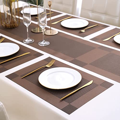 TASKHOUSE Placemats with Table Runner Set Woven Vinyl Heat Resistant Washable Tablemat for Dining Table (1 Table Runner and 6 Placemats - Brown) - Image 5