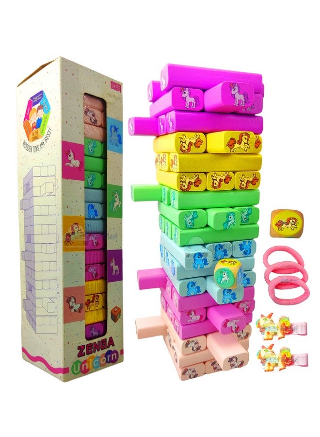 FunBlast Stacking Tower Blocks Toys - Wooden Tumbling Tower Blocks, Unicorn Stacking Tower Game with Dices for Kids, Building Blocks for Kids, Best Educational & Learning Toy for Kids - 54 Pcs - Image 1