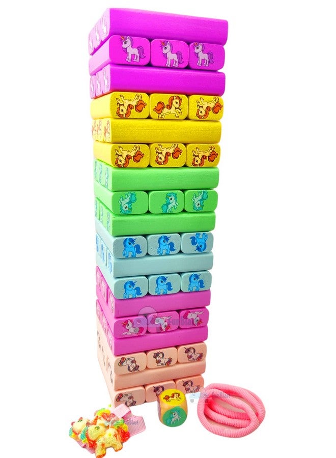 FunBlast Stacking Tower Blocks Toys - Wooden Tumbling Tower Blocks, Unicorn Stacking Tower Game with Dices for Kids, Building Blocks for Kids, Best Educational & Learning Toy for Kids - 54 Pcs - Image 4