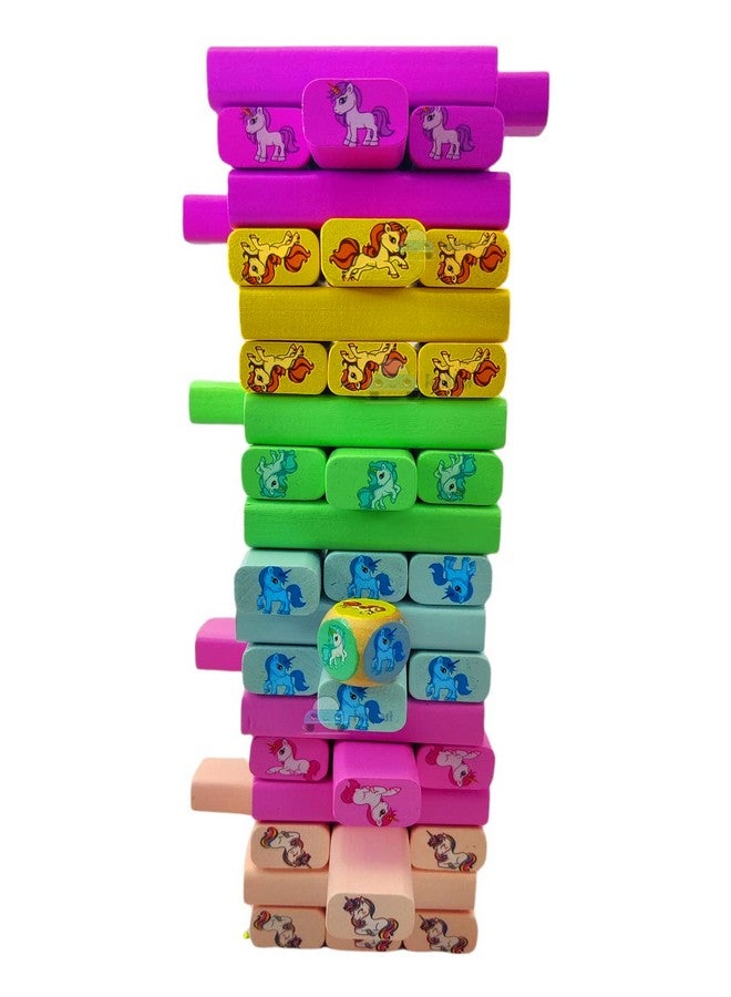 FunBlast Stacking Tower Blocks Toys - Wooden Tumbling Tower Blocks, Unicorn Stacking Tower Game with Dices for Kids, Building Blocks for Kids, Best Educational & Learning Toy for Kids - 54 Pcs - Image 3
