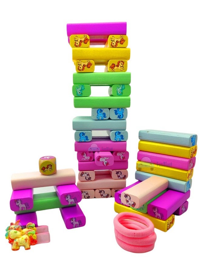 FunBlast Stacking Tower Blocks Toys - Wooden Tumbling Tower Blocks, Unicorn Stacking Tower Game with Dices for Kids, Building Blocks for Kids, Best Educational & Learning Toy for Kids - 54 Pcs - Image 2