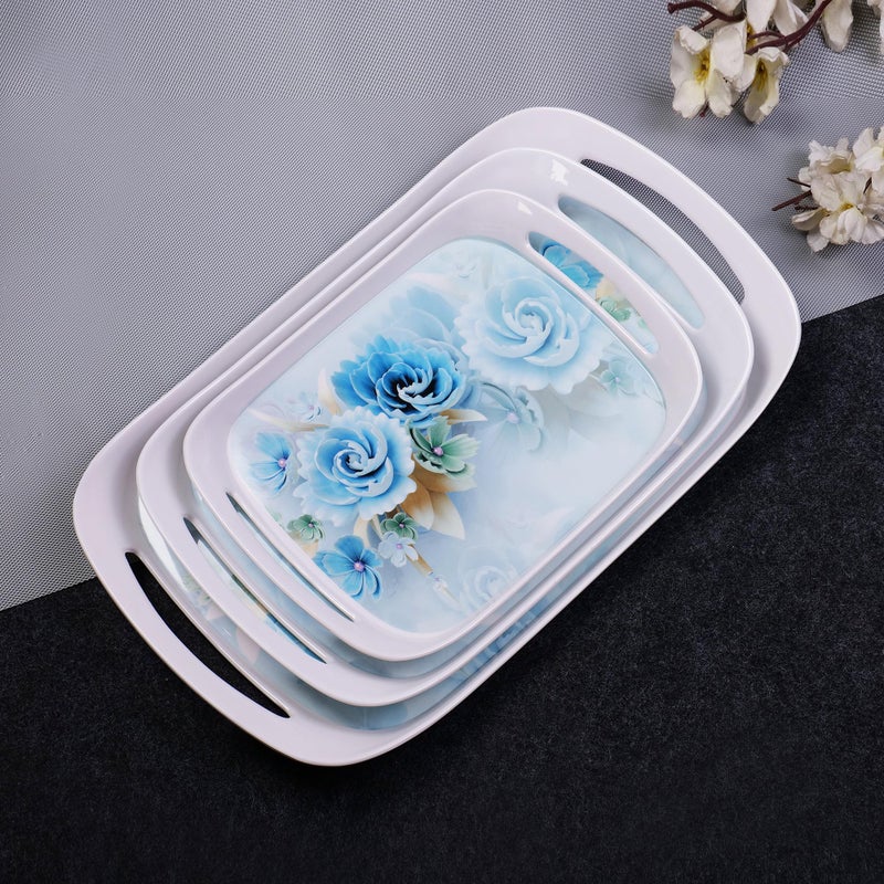 Home Pro Home-Pro - Melamine Serving Tray Set of 2 | 2 Different Sizes | Blue Floral Design | Ideal for Serving Snacks/Tea/Coffee | Tray Medium & Large Sizes - Image 4