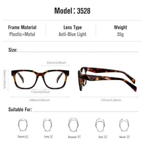 kimorn Blue Light Blocking Glasses,Anti Eyestrain & UV Protection,Square Frame Glasses for Women and Men (Tortoiseshell) - Image 3