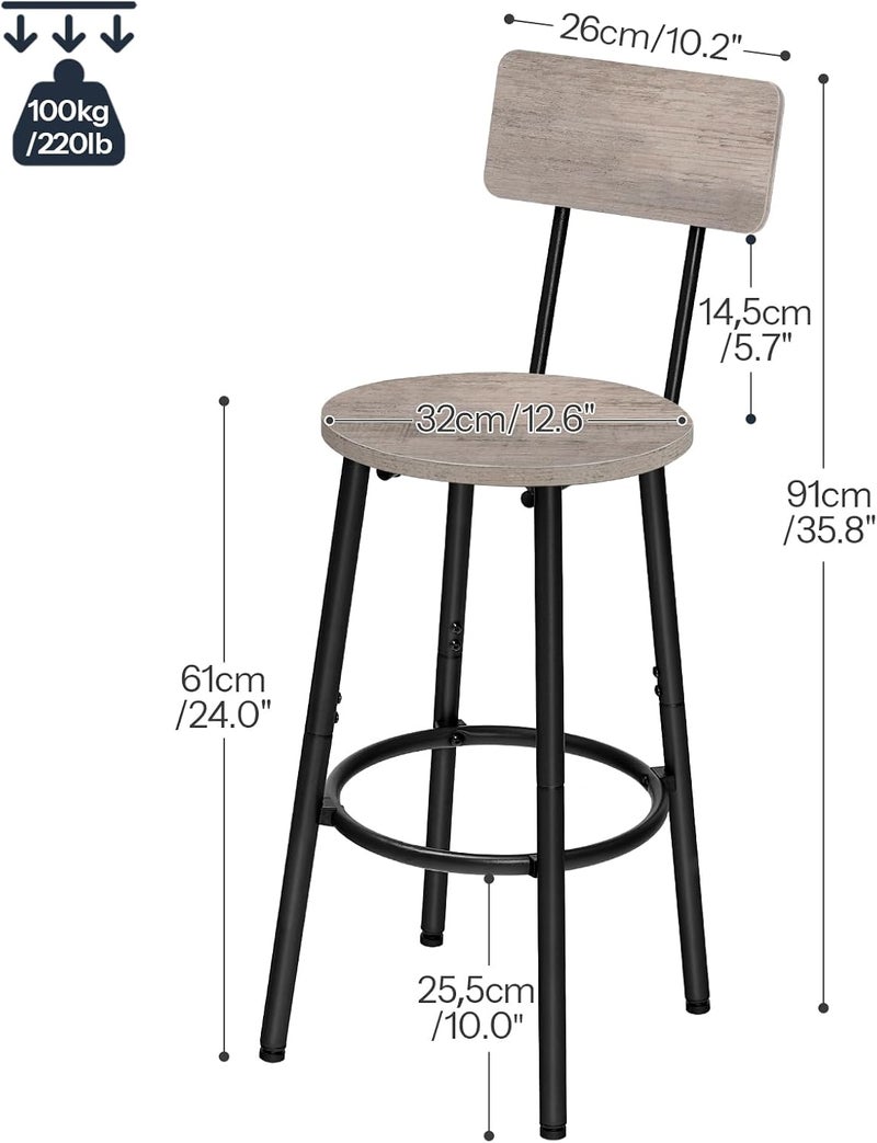 HOOBRO Bar Stools,Set of 2 Bar Stools with Footrest and Back,25.2" Bar Chairs for Kitchen Island, Dining Room,Counter Height Bar Stools, Easy to Assemble, Greige and Black EBG32BY01G1 - Image 3
