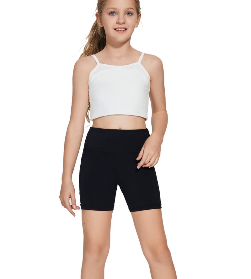 DEVOROPA Girls 5" Spandex Volleyball Shorts Stretch Youth Athletic Gymnastics Shorts Kid Yoga Dance Compression Shorts Pocket Black Medium - Image 1
