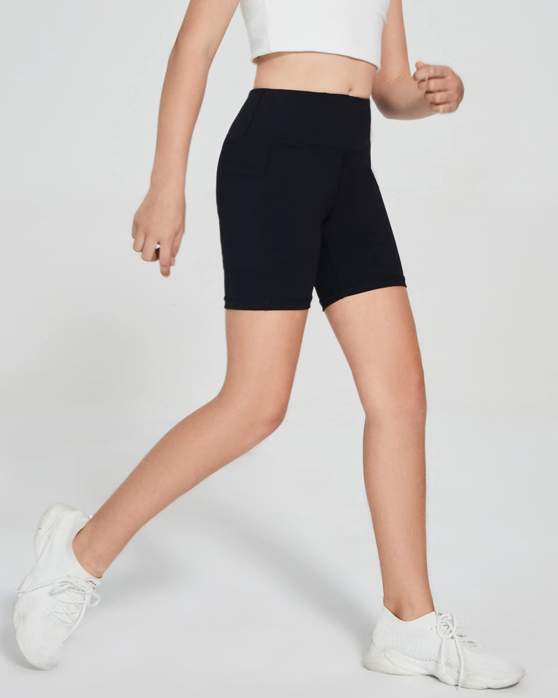DEVOROPA Girls 5" Spandex Volleyball Shorts Stretch Youth Athletic Gymnastics Shorts Kid Yoga Dance Compression Shorts Pocket Black Medium - Image 2
