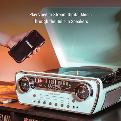 Crosley CR6047A-AB Powel 7-in-1 Bluetooth in/Out Vinyl Record Player with AM/FM Radio, CD Player, and Aux-in, Aqua Blue - Image 3
