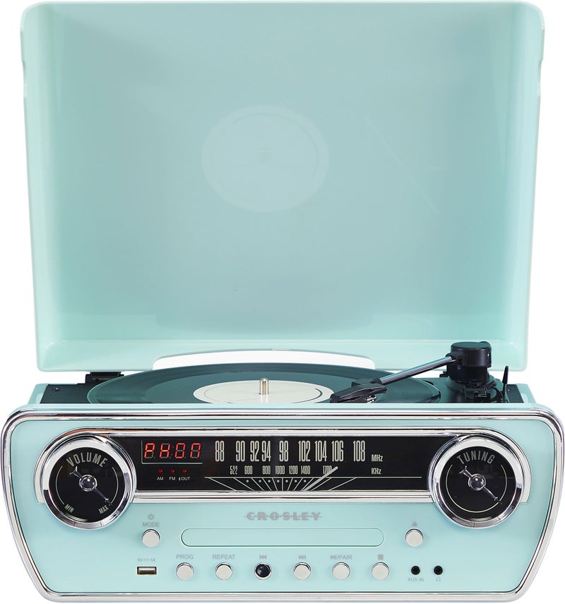 Crosley CR6047A-AB Powel 7-in-1 Bluetooth in/Out Vinyl Record Player with AM/FM Radio, CD Player, and Aux-in, Aqua Blue - Image 1