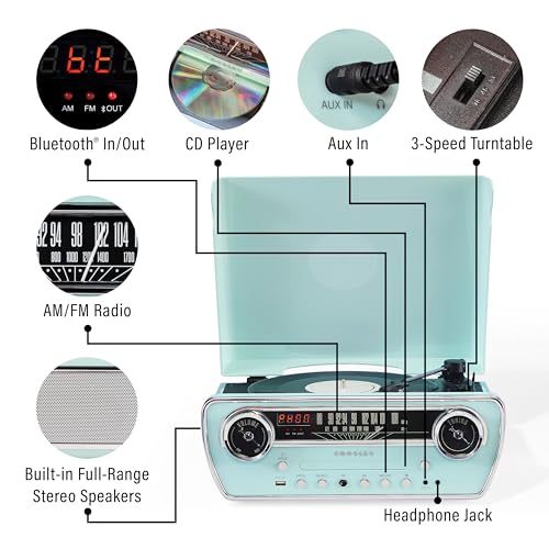 Crosley CR6047A-AB Powel 7-in-1 Bluetooth in/Out Vinyl Record Player with AM/FM Radio, CD Player, and Aux-in, Aqua Blue - Image 2