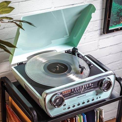 Crosley CR6047A-AB Powel 7-in-1 Bluetooth in/Out Vinyl Record Player with AM/FM Radio, CD Player, and Aux-in, Aqua Blue - Image 5