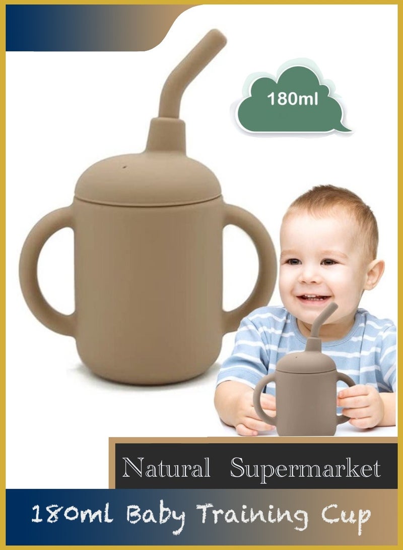 Baby Training Cup 180ml, Silicone Sippy Cup with Handles, Lid and Straw, Spill Proof and Non-Slip Straw Cup for Babies and Toddler (Brown) - Image 1