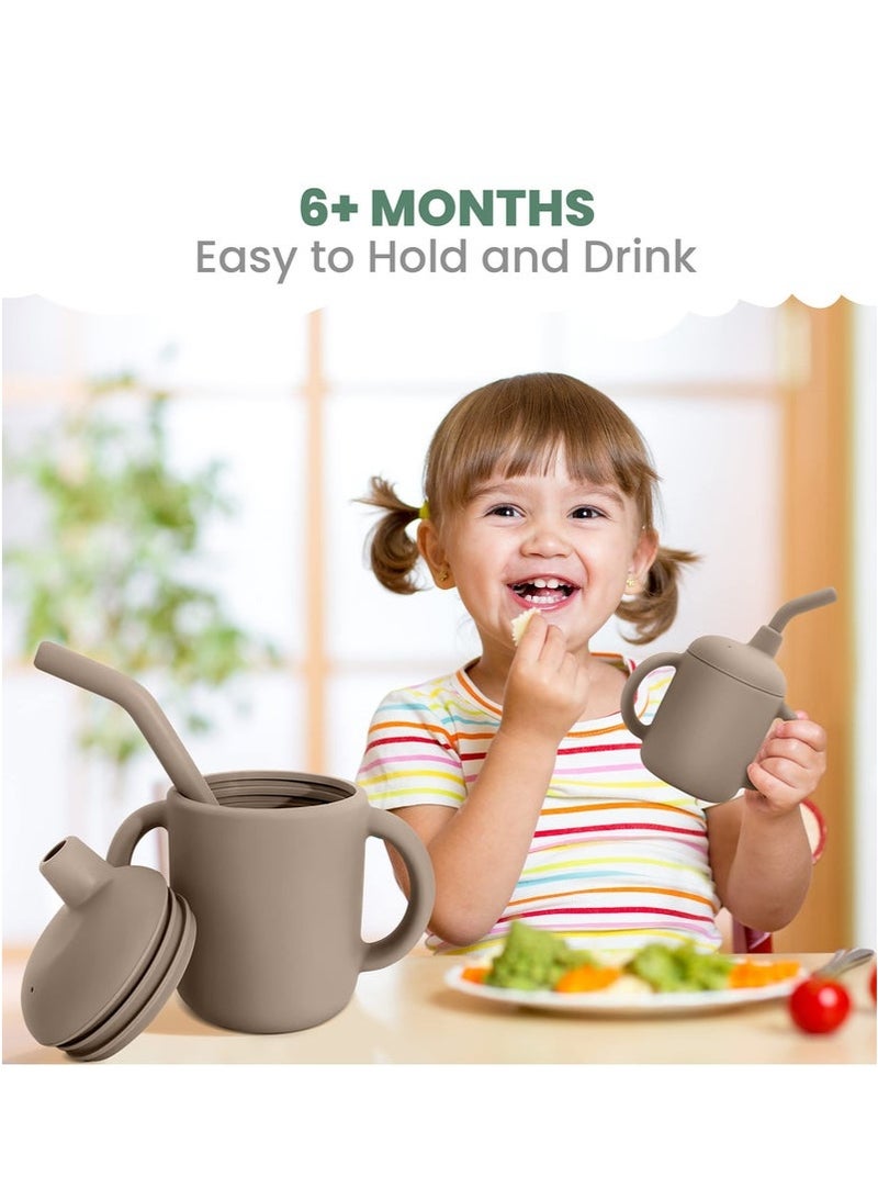 Baby Training Cup 180ml, Silicone Sippy Cup with Handles, Lid and Straw, Spill Proof and Non-Slip Straw Cup for Babies and Toddler (Brown) - Image 5