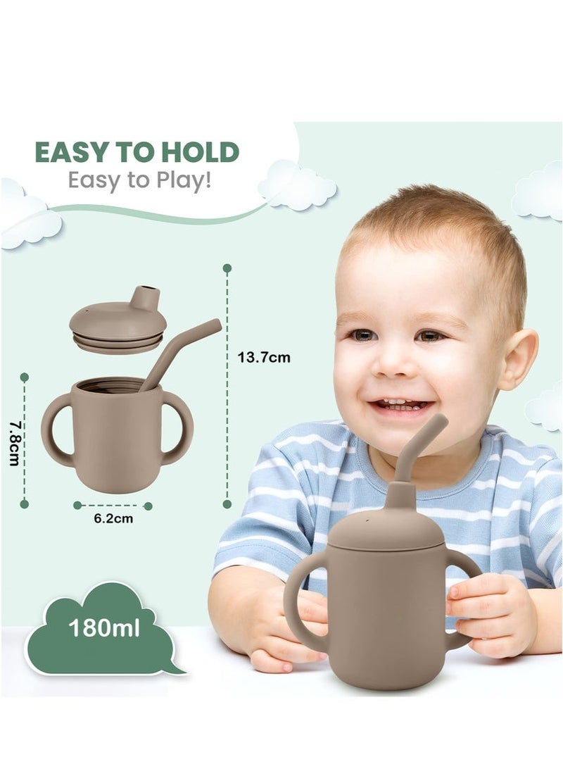 Baby Training Cup 180ml, Silicone Sippy Cup with Handles, Lid and Straw, Spill Proof and Non-Slip Straw Cup for Babies and Toddler (Brown) - Image 2