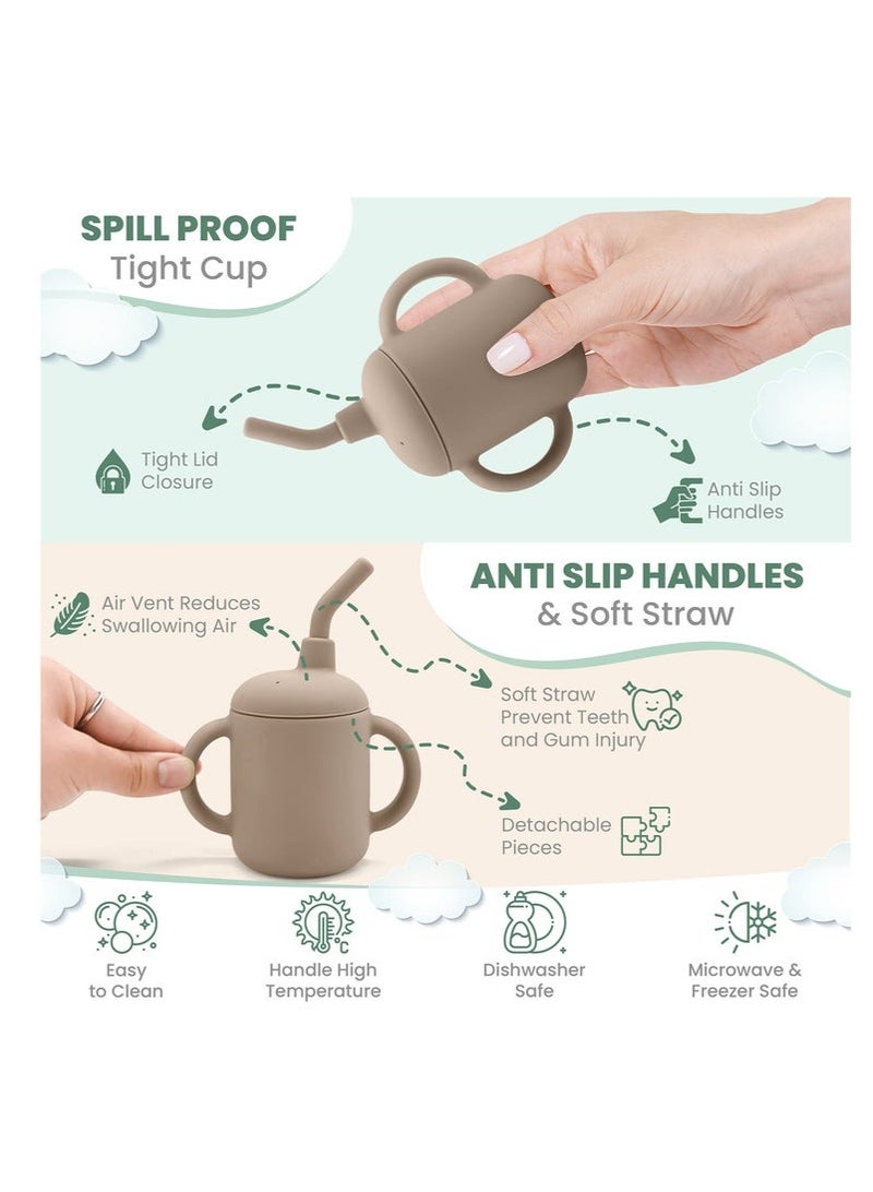 Baby Training Cup 180ml, Silicone Sippy Cup with Handles, Lid and Straw, Spill Proof and Non-Slip Straw Cup for Babies and Toddler (Brown) - Image 4
