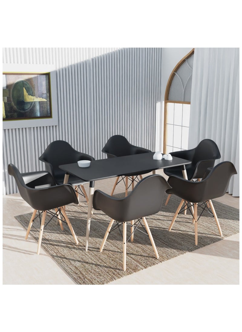 Mahmayi Mahmayi Cenare 7-Piece Dining Set for Kitchen, 140 X 80 Dining Table With 6 X DAW Arm Dining Chair - Black  - Image 1