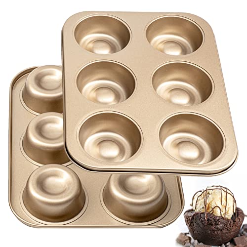 Yomvzake Brownie Bowl Pan 2 Pack, 6 Cavity Mini Round Cake Mold 3 Inch, Shortcake Tea Cookie Shot Mold for Baking - Gold - Image 1
