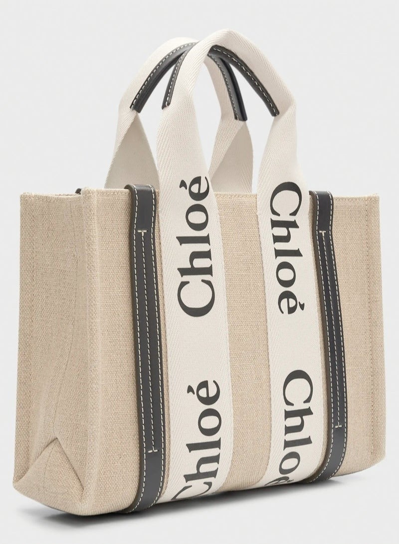Chloe Woody Small Women Tote Bag in Linen, Women Shoulder Bag, Women Hand Bag, Women's Travel Bag, Women's Shopping Bag, White-Brown - Image 2