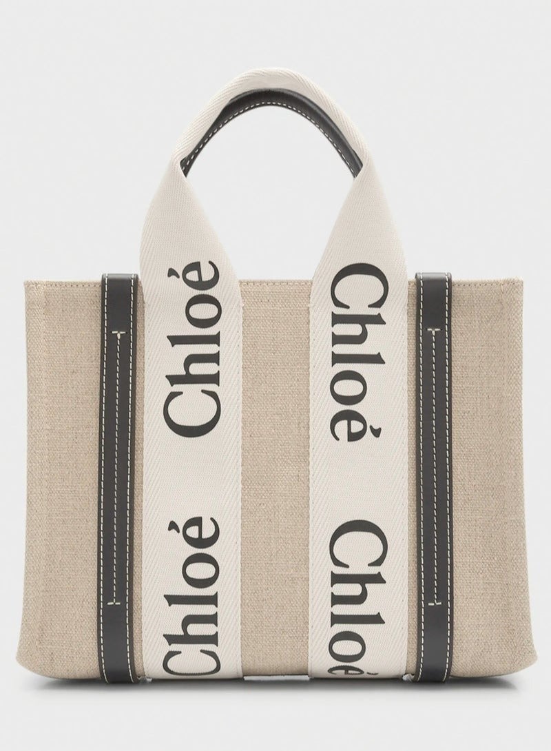 Chloe Woody Small Women Tote Bag in Linen, Women Shoulder Bag, Women Hand Bag, Women's Travel Bag, Women's Shopping Bag, White-Brown - Image 1