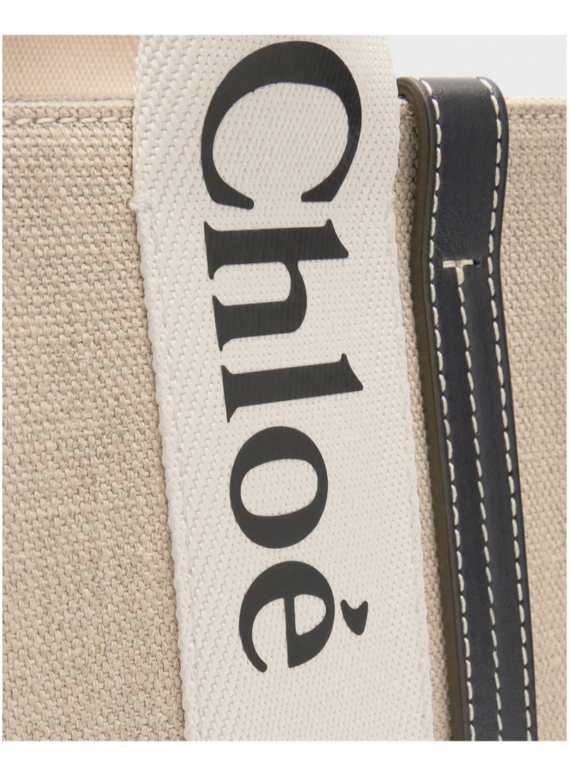 Chloe Woody Small Women Tote Bag in Linen, Women Shoulder Bag, Women Hand Bag, Women's Travel Bag, Women's Shopping Bag, White-Brown - Image 4