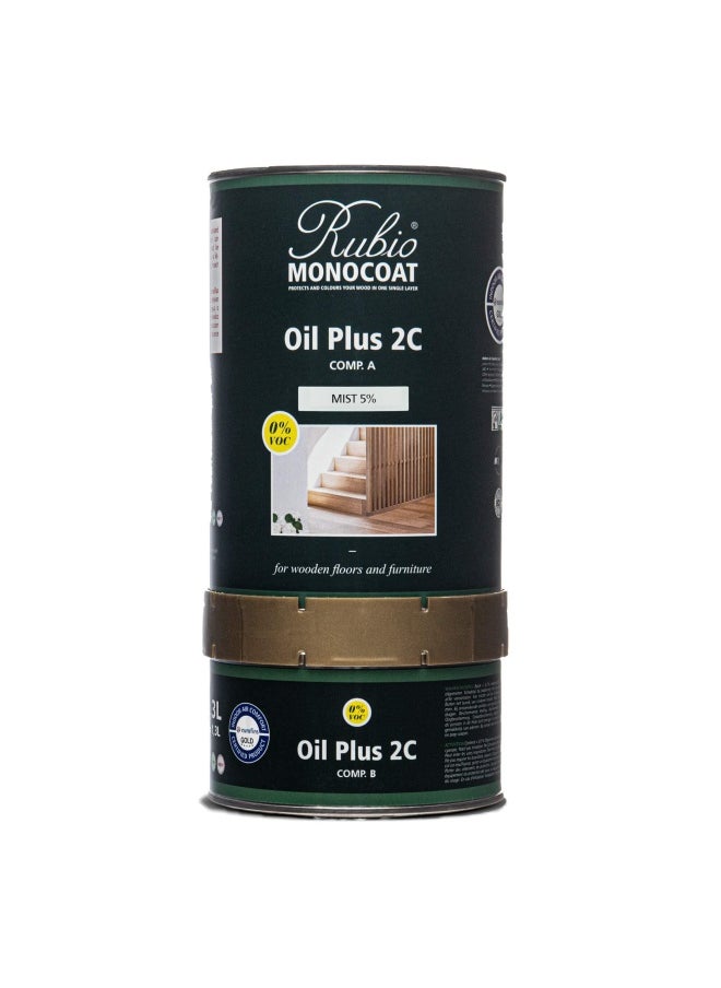 Rubio Monocoat Oil Plus 2C 1.3 Liter Mist 5 Interior Wood Stain And Finish Food Safe Easy One-Coat Linseed Oil Plant Based Voc Solvent Free Furniture And Flooring Hardwax Oil  - Image 1