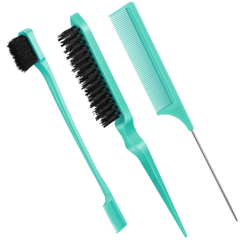 Geiserailie 3 Pcs Slick Back Hair Brush Set Bristle Brush Edge Control Teasing Comb for Women Black HairCyan