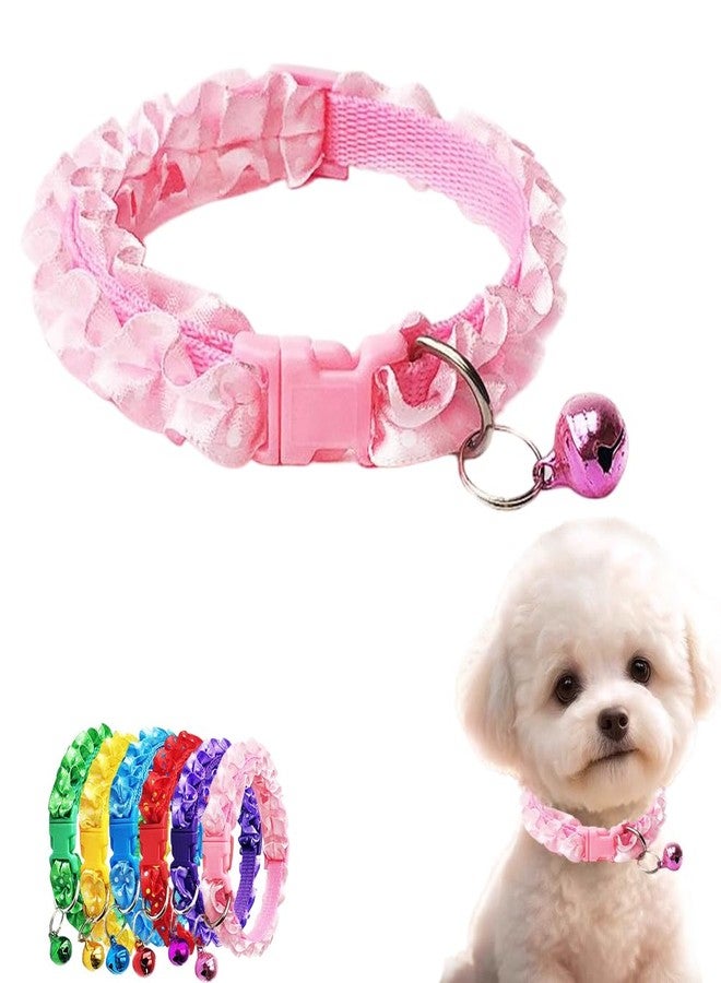 cyhaen Pink Dog Collar with Bell,Cat Collar with Bells,Wave Point Lace Small Dog Collar with Bell Adjustable Buckle for XXS Xs Extra Small Tiny Little Pet Female Dogs Kitten Neck 7.5-12.5 Inch - Image 1