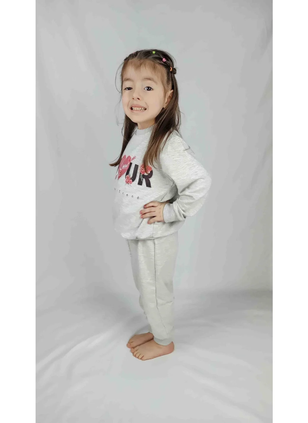 Bluence Girl's Gray Printed Cotton Tracksuit Set