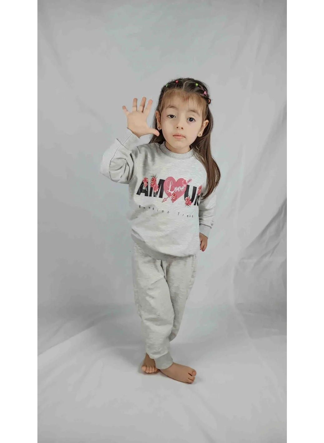 بلونس Girl's Gray Printed Cotton Tracksuit Set