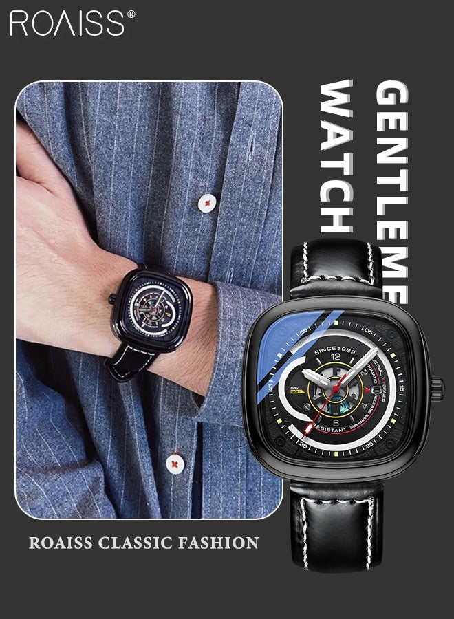 roaiss Men's Leather Strap Quartz Watch Analog Display Square 3D Black Dial Waterproof Luminous Wristwatch as Gift for Men - Image 1