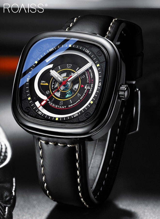 roaiss Men's Leather Strap Quartz Watch Analog Display Square 3D Black Dial Waterproof Luminous Wristwatch as Gift for Men - Image 3