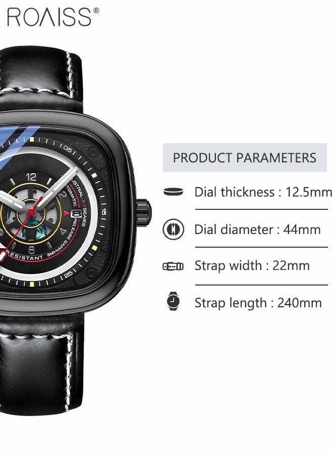 roaiss Men's Leather Strap Quartz Watch Analog Display Square 3D Black Dial Waterproof Luminous Wristwatch as Gift for Men - Image 4