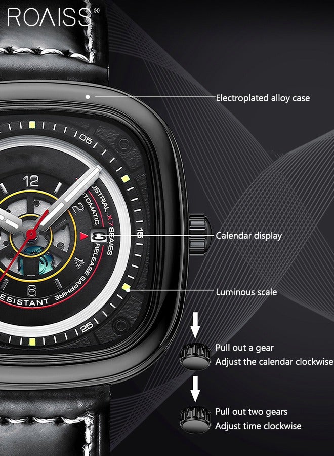 roaiss Men's Leather Strap Quartz Watch Analog Display Square 3D Black Dial Waterproof Luminous Wristwatch as Gift for Men - Image 5