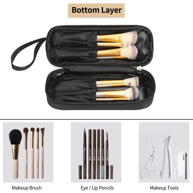 Ethereal Small Makeup Bag, 2 Layers Travel Makeup Bag with Makeup Brush Holder, Cosmetic Bag Black Make up Pouch for Women/Girls - Image 3