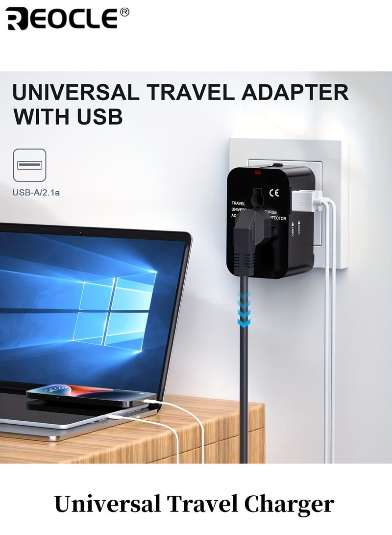 REOCLE Universal Travel Charger Portable Travel Adapter with USB and Type-C Charging Ports World All In One AC Power Plug Adapter USA EU UK AUS Converter Adapter - Image 1