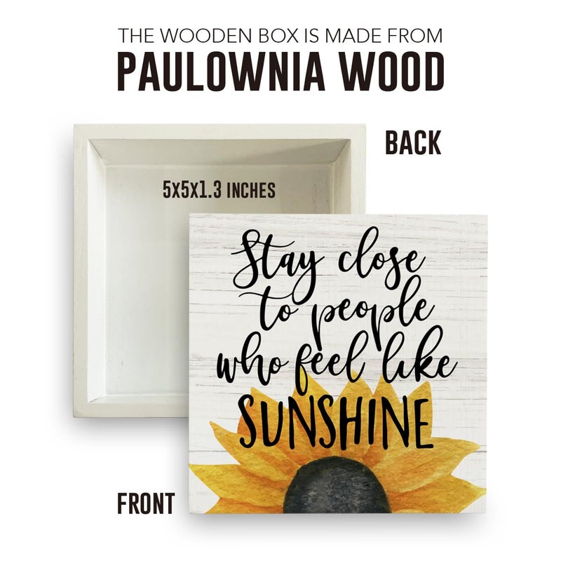IYEZH Farmhouse Sunshine Sunflower Wooden Box Sign Rustic Country Sunflower Box Sign Wood Sign Decor Summer Square Wood Sign Home Desk Tabletop Shelf Decor 5 x 5 - Image 2