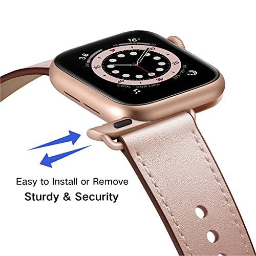 OUHENG Leather Bands Compatible with Apple Watch Band 42mm/41mm/40mm/38mm, Genuine Leather Replacement Strap for iWatch SE3 SE2 SE Series 11 10 9 8 7 6 5 4 3 2 1 (Pink Sand/Rose Gold) - Image 2