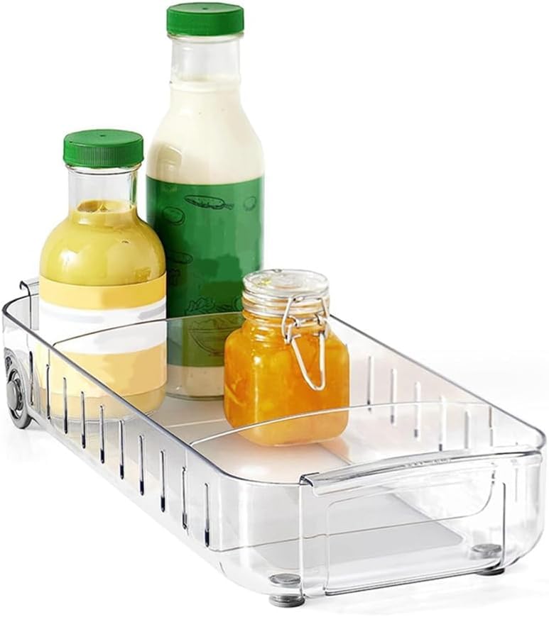 KEYOZA RollOut Fridge Caddy Divided Pull Out Fridge Drawer Organizer Clear on Wheels Refrigerator Storage Bins for Veggie Pantry Snackle Box Under Sink Bathroom Organization Pack of 1 - Image 1