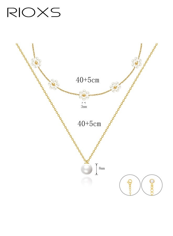 ريوكس طقم قلادات لؤلؤية زهرية للنساء، قلادات لؤلؤية رقيقة مطلية بالذهب عيار 14 قيراط للسيدات، قلادات لؤلؤية أنيقة على شكل زهرة الأقحوان، هدايا قلادات ذهبية، طقم قلادات لؤلؤية بسيطة وعصرية، مجوهرات عصرية للحفلات، حفلات التخرج، المواعيد الغرامية، أعياد الميلاد والمزيد. - Image 4