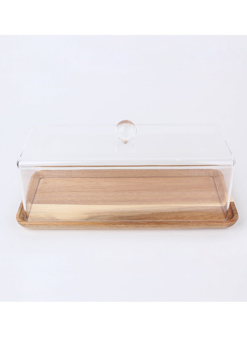 A multi-use rectangular wooden cake stand with a modern design and a transparent lid  - Image 1