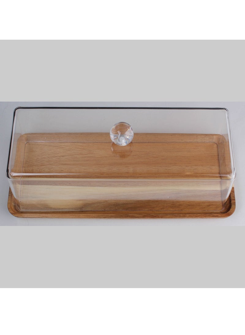 A multi-use rectangular wooden cake stand with a modern design and a transparent lid  - Image 2