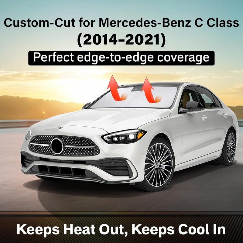 EcoNour حاجب شمس زجاج أمامي متوافق مع مرسيدس-بنز C Class 2014–2021 | واقي زجاج أمامي للسيارات السيدان | حاجب شمس قابل للطي | يحجب الأشعة فوق البنفسجية ويحافظ على برودة الداخل - Image 2
