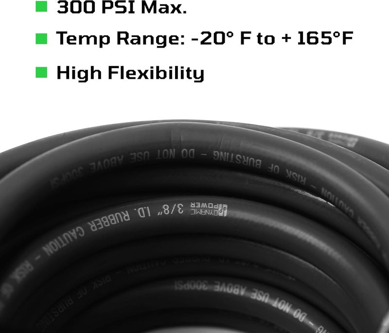 Dynamic Power DP Dynamic Power PRO Black Rubber Air Hose 3/8" x 50' 300 PSI with 1/4" Male Pipe Thread Fittings - Image 4