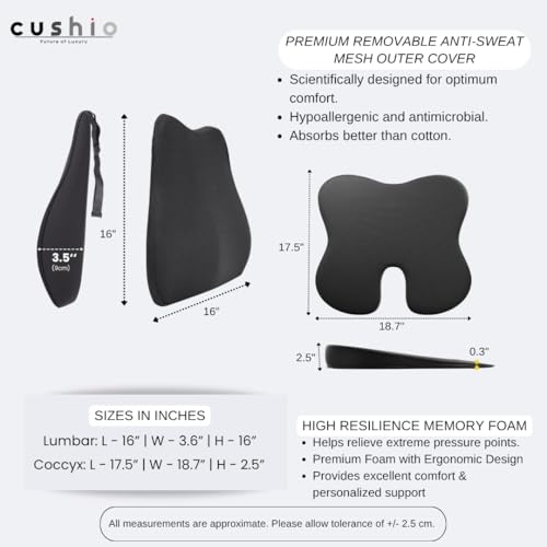CUSHIO Car Seat Cushion Combo | Car Wedge & Backrest Cushion Combo | Posture Correction | Ergonomic Back & Seating Support | Driving & Daily Commutes | Universal Fit (Black) - Image 3