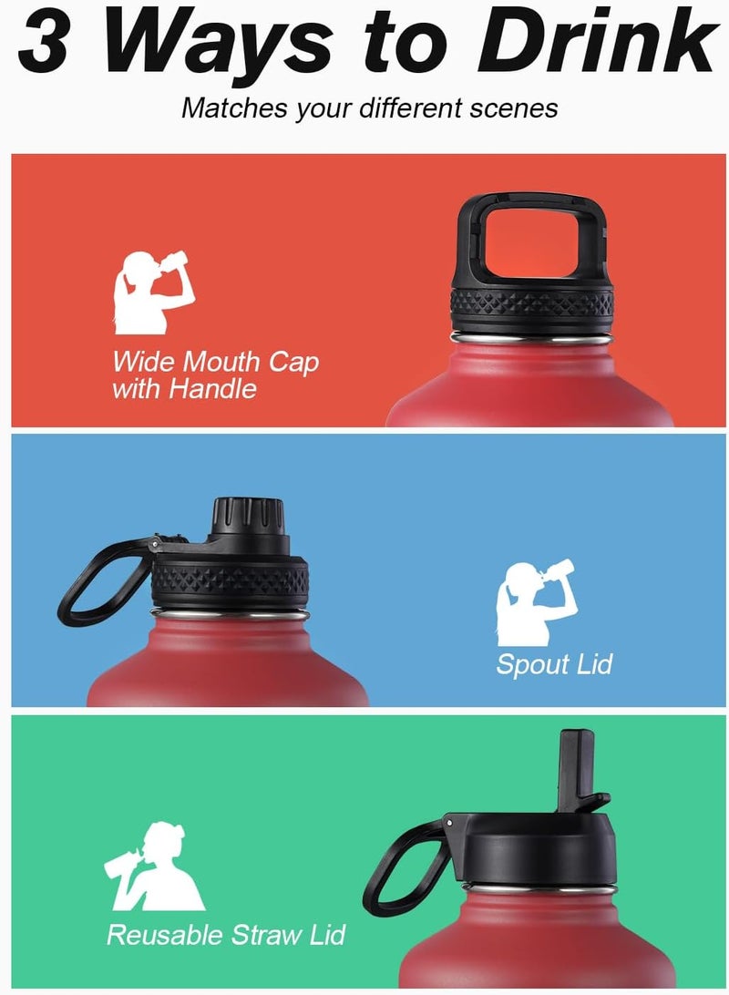 Coolflask Half Gallon Water Bottle Insulated with Straw & 3 Lids, 64 oz Water Jug Large Metal Stainless Steel Wide Mouth for Sports, Gym or Office, Non-BPA Keep Cold 48H Hot 24H, Red - Image 5