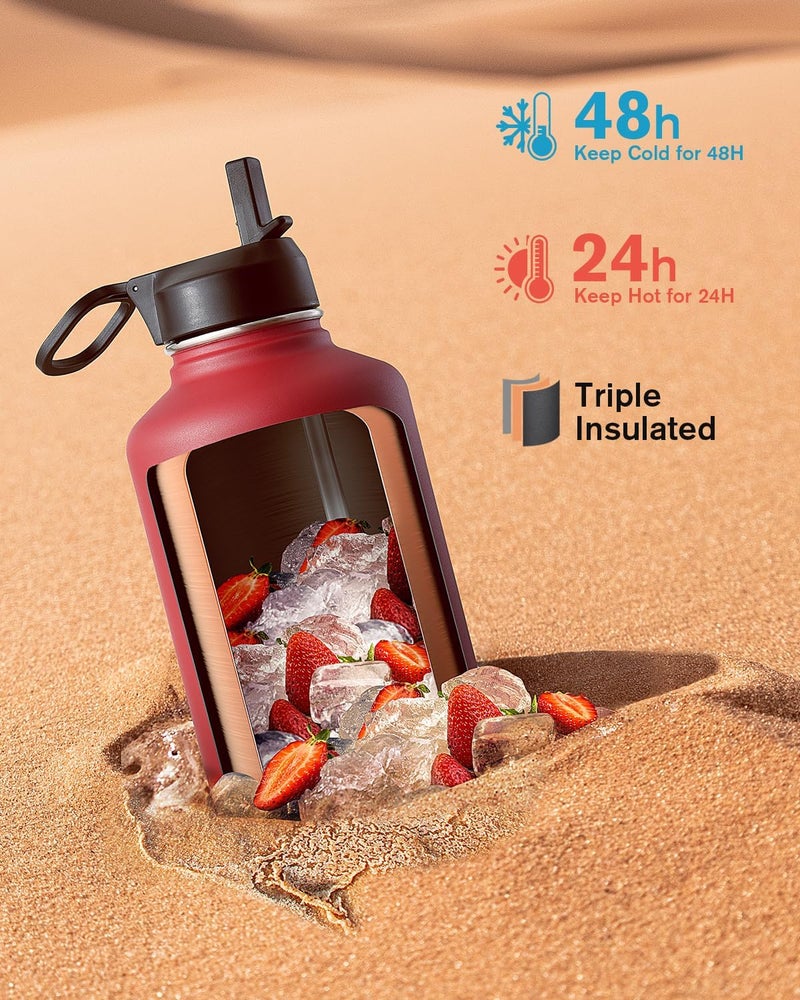Coolflask Half Gallon Water Bottle Insulated with Straw & 3 Lids, 64 oz Water Jug Large Metal Stainless Steel Wide Mouth for Sports, Gym or Office, Non-BPA Keep Cold 48H Hot 24H, Red - Image 2