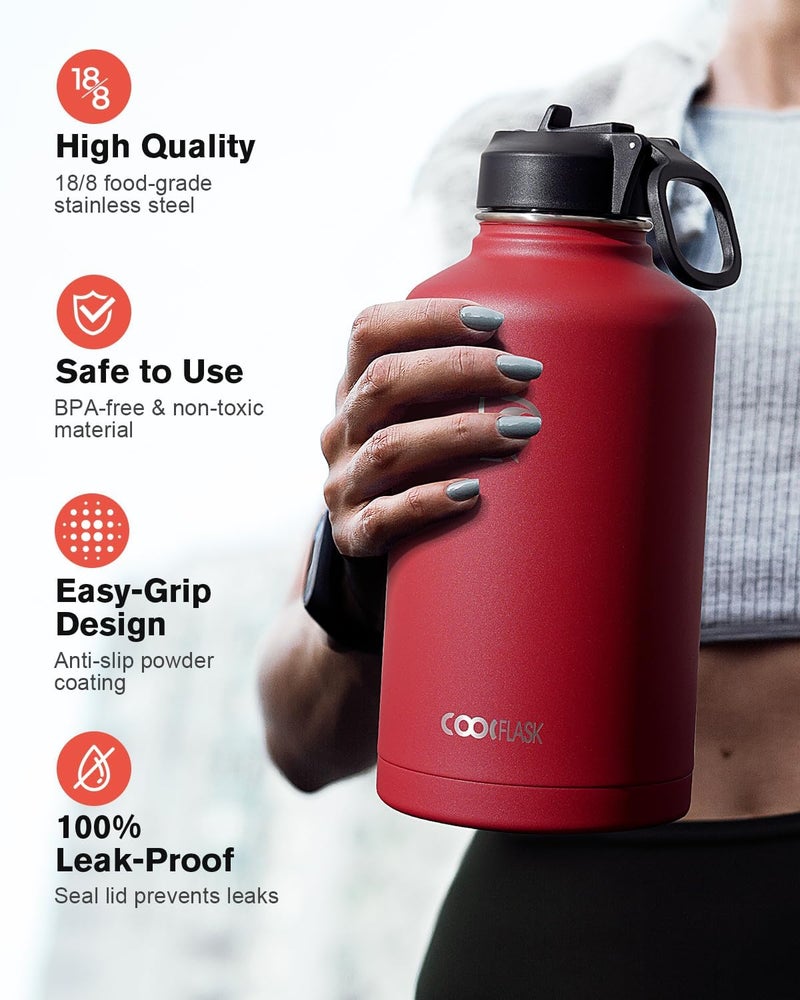 Coolflask Half Gallon Water Bottle Insulated with Straw & 3 Lids, 64 oz Water Jug Large Metal Stainless Steel Wide Mouth for Sports, Gym or Office, Non-BPA Keep Cold 48H Hot 24H, Red - Image 3